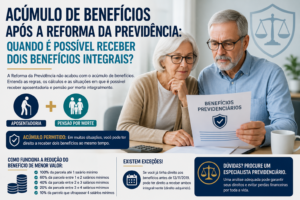 Casal aposentado analisando benefícios previdenciários e regras de acumulação entre aposentadoria e pensão por morte após a Reforma da Previdência.