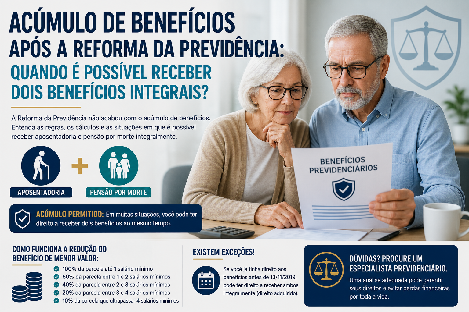Casal aposentado analisando benefícios previdenciários e regras de acumulação entre aposentadoria e pensão por morte após a Reforma da Previdência.