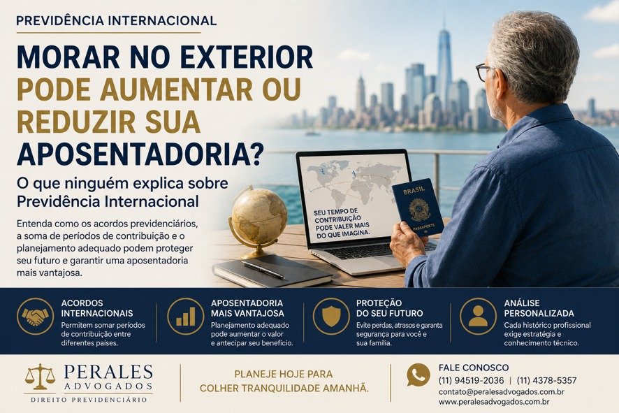 Brasileiro vivendo no exterior analisando aposentadoria internacional com documentos do INSS, passaporte e mapas representando acordos previdenciários entre países.