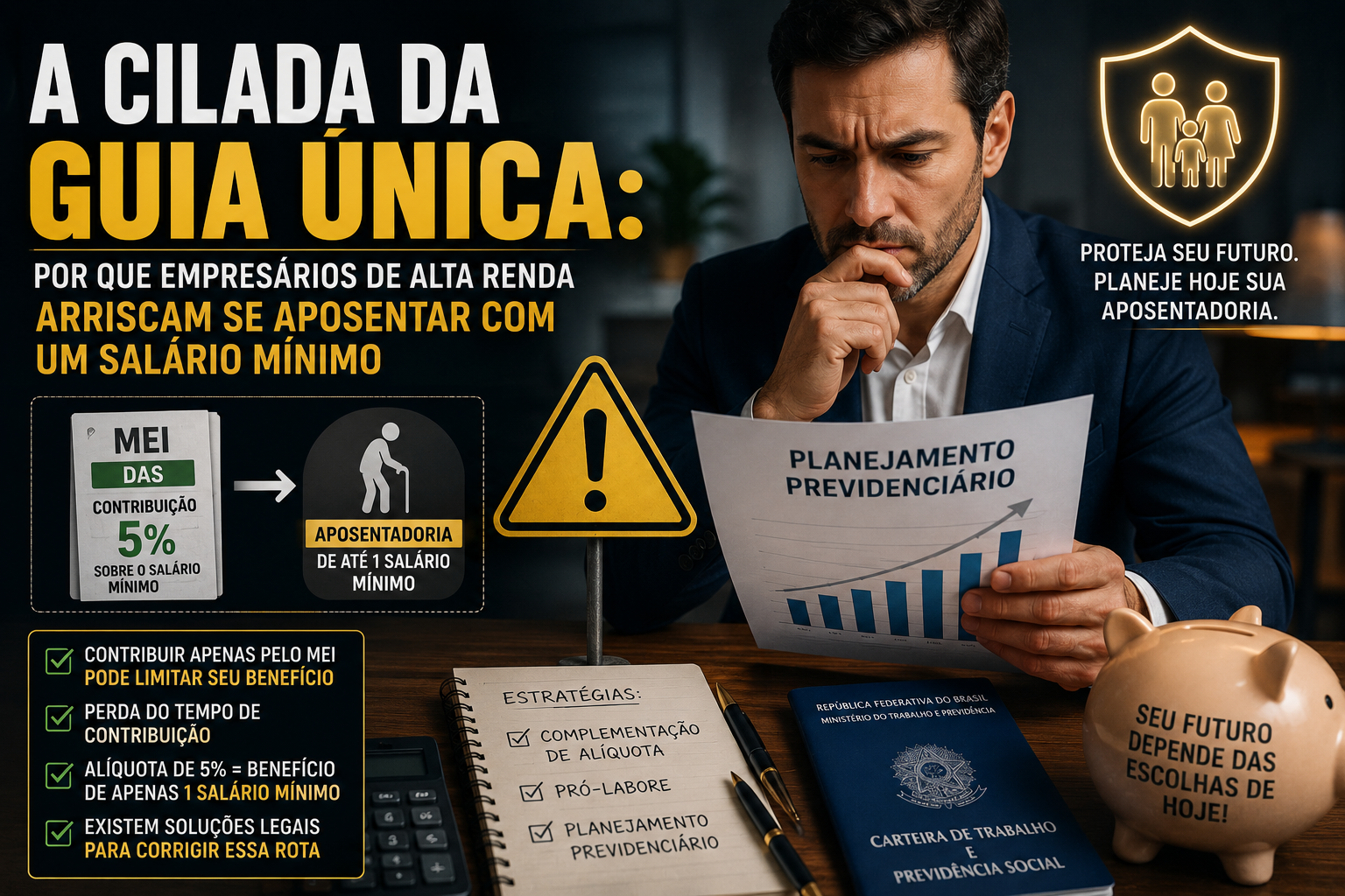 Empresário analisando planejamento previdenciário e riscos da aposentadoria pelo MEI com contribuição reduzida ao INSS.