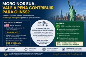 Brasileiro residente nos Estados Unidos analisando aposentadoria internacional, comparando contribuições ao INSS e ao Social Security para planejamento previdenciário.