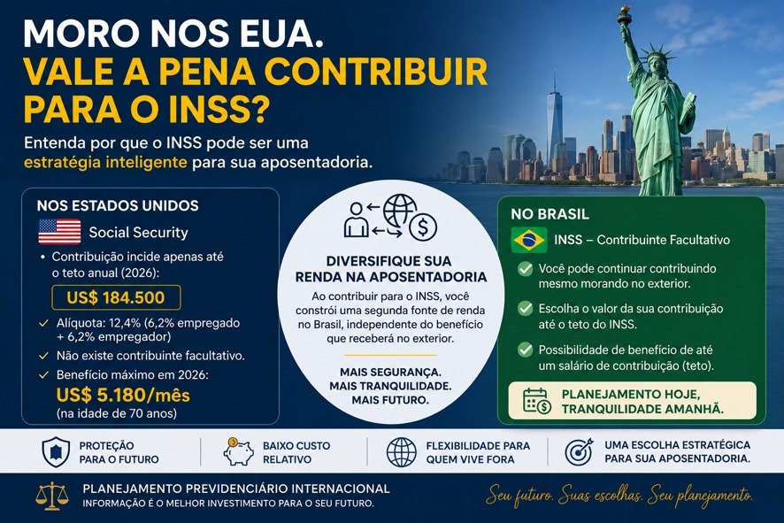 Brasileiro residente nos Estados Unidos analisando aposentadoria internacional, comparando contribuições ao INSS e ao Social Security para planejamento previdenciário.