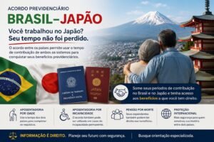 Brasileiro que trabalhou no Japão analisando documentos do INSS e da previdência japonesa, representando o acordo previdenciário entre Brasil e Japão e a possibilidade de utilizar o tempo de contribuição para aposentadoria.