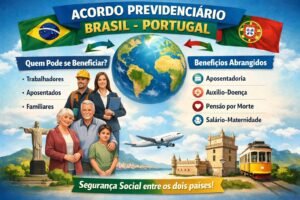 Brasileiro e português analisando documentos do INSS e da Segurança Social de Portugal, representando o acordo previdenciário entre Brasil e Portugal e a utilização do tempo de contribuição para aposentadoria internacional.