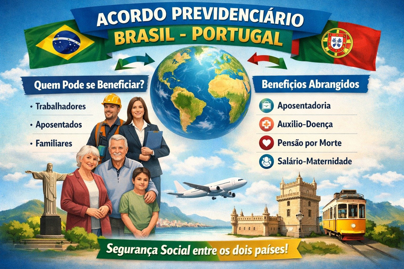 Brasileiro e português analisando documentos do INSS e da Segurança Social de Portugal, representando o acordo previdenciário entre Brasil e Portugal e a utilização do tempo de contribuição para aposentadoria internacional.