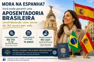Brasileiro residente na Espanha planejando aposentadoria internacional, comparando contribuições ao INSS brasileiro e ao sistema previdenciário espanhol por meio do acordo previdenciário Brasil-Espanha.