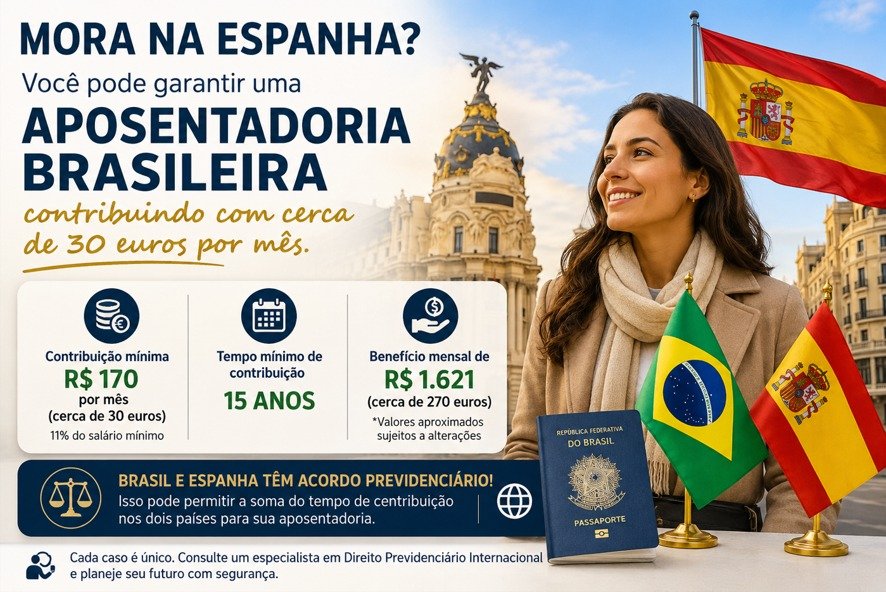 Brasileiro residente na Espanha planejando aposentadoria internacional, comparando contribuições ao INSS brasileiro e ao sistema previdenciário espanhol por meio do acordo previdenciário Brasil-Espanha.