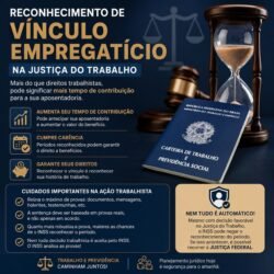 Trabalhador em audiência na Justiça do Trabalho com documentos do INSS, representando o reconhecimento de vínculo empregatício e o aumento do tempo de contribuição para aposentadoria.