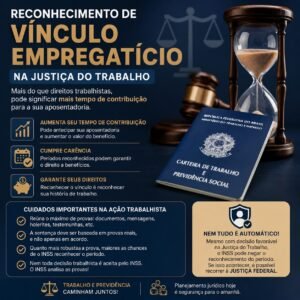 Trabalhador em audiência na Justiça do Trabalho com documentos do INSS, representando o reconhecimento de vínculo empregatício e o aumento do tempo de contribuição para aposentadoria.