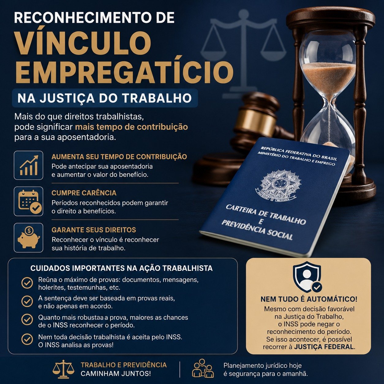 Trabalhador em audiência na Justiça do Trabalho com documentos do INSS, representando o reconhecimento de vínculo empregatício e o aumento do tempo de contribuição para aposentadoria.